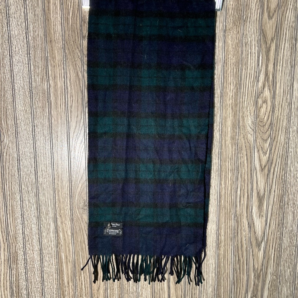 Christian Dior Monsieur Navy Blue Green Black Plaid Fringe Cashmere Winter Scarf